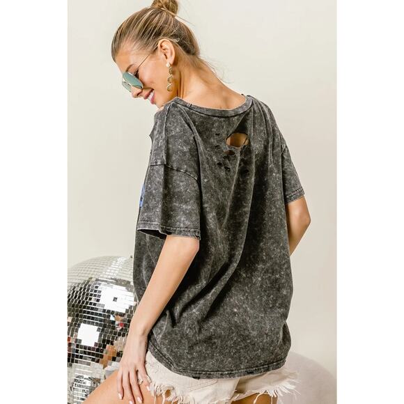 BiBi Laser Cut Mineral Washed Old Glory Lip Print Short Sleeves Top | Charcoal - Picture 6 of 10